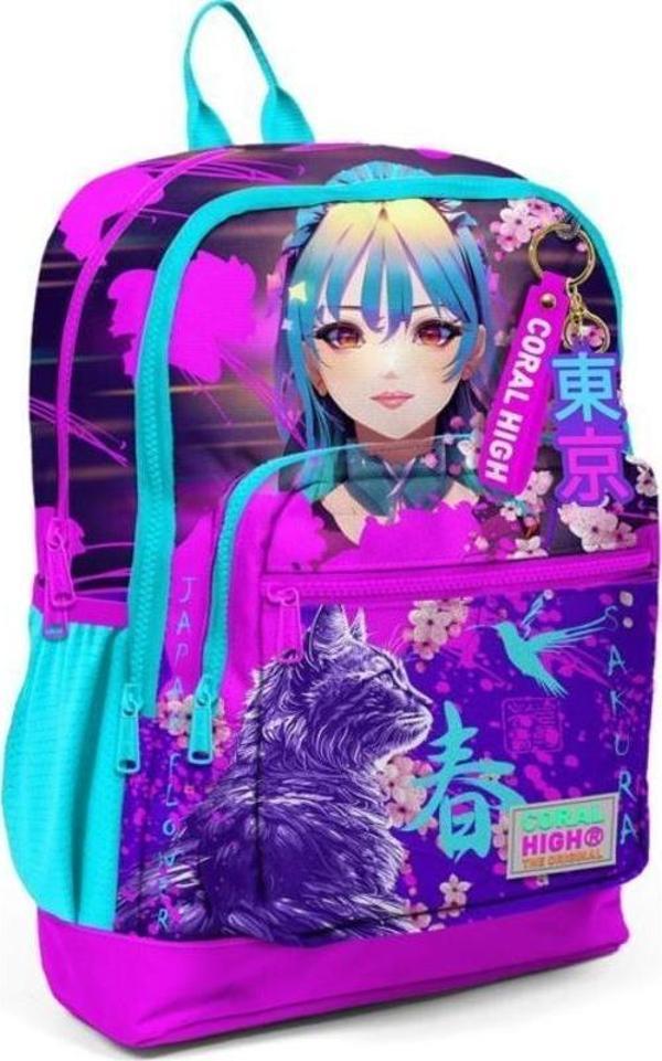 Coral High Kids Mor Pembe Anime Kedi Desenli Okul Sırt Çantası 23753 - Image 1