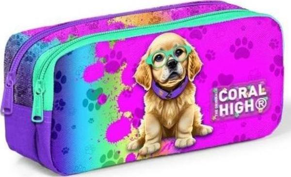 Coral High Kids Mor Pembe Köpek Desenli İki Bölmeli Kalem Çantası 12082 - Image 1