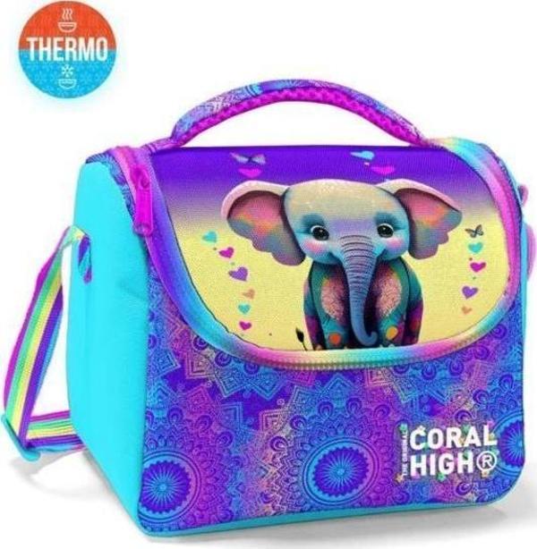 Coral High Kids Pembe Turkuaz Fil Desenli Thermo Beslenme Çantası 11883 - Image 1