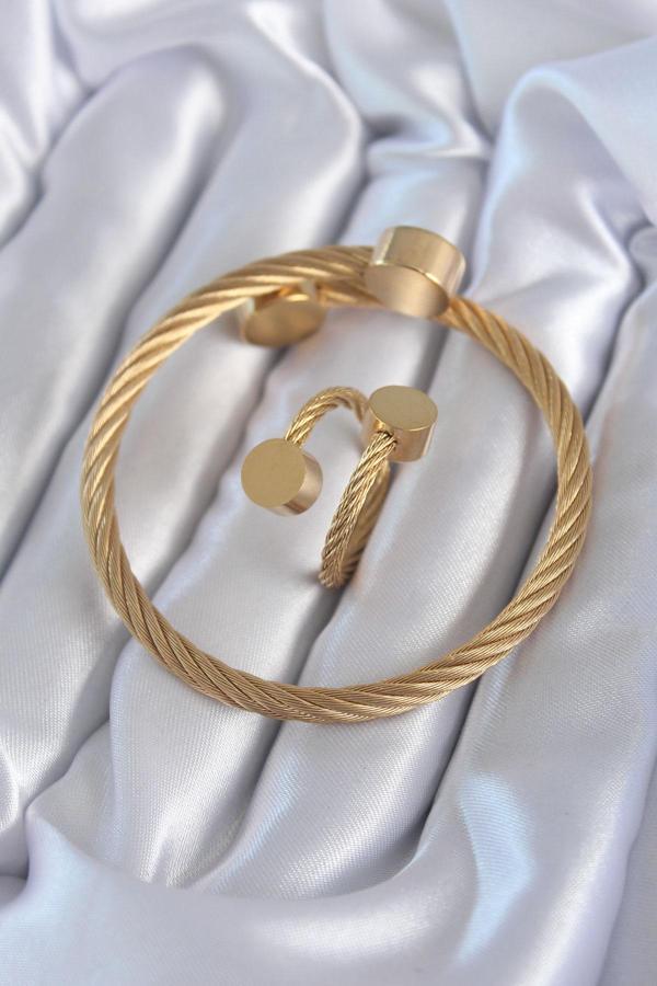 316L Çelik Gold Renk Sarmal Model Erkek Bileklik Yüzük Kombini - TJ-EB3600 - Image 1