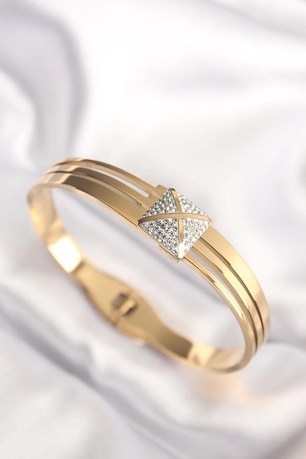 316L Çelik Zirkon Taşlı Gold Renk Kadın Kelepçe Bilezik - TJ-BB6024 - Image 1