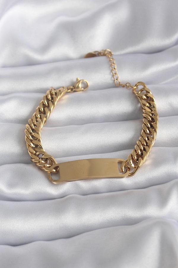 316L Çelik Gold Renk İsim Yazılabilir Plaka Model Kadın Bileklik - TJ-BB5744 - Image 1