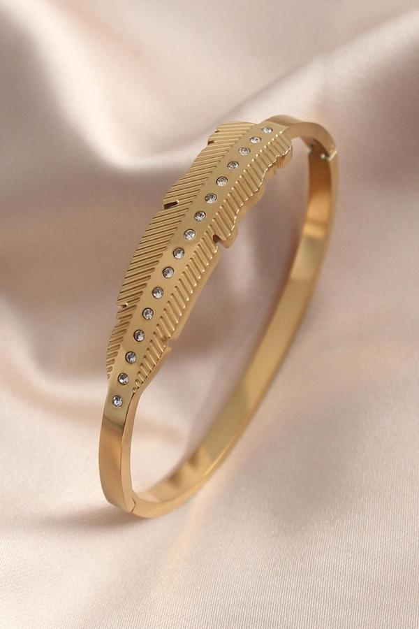 Gold Renk Yaprak Model Zirkon Taş Detay Kelepçe Kadın Bileklik - TJ-BB4681 - Image 1