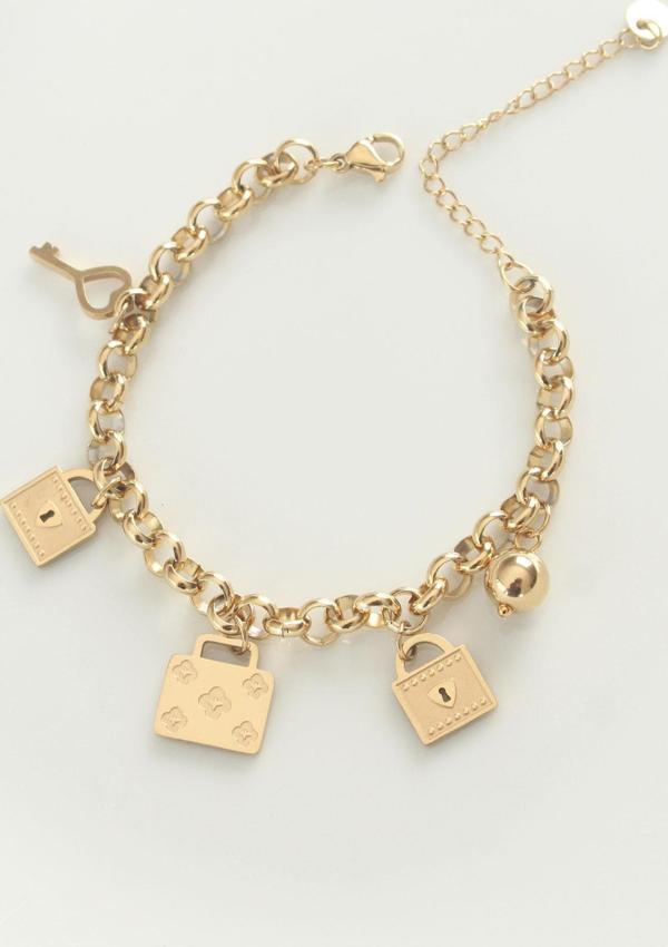 316L Çelik Gold Renk Karışık Aksesuarlı Oval Zincir Bileklik - TJ-BB6038 - Image 1