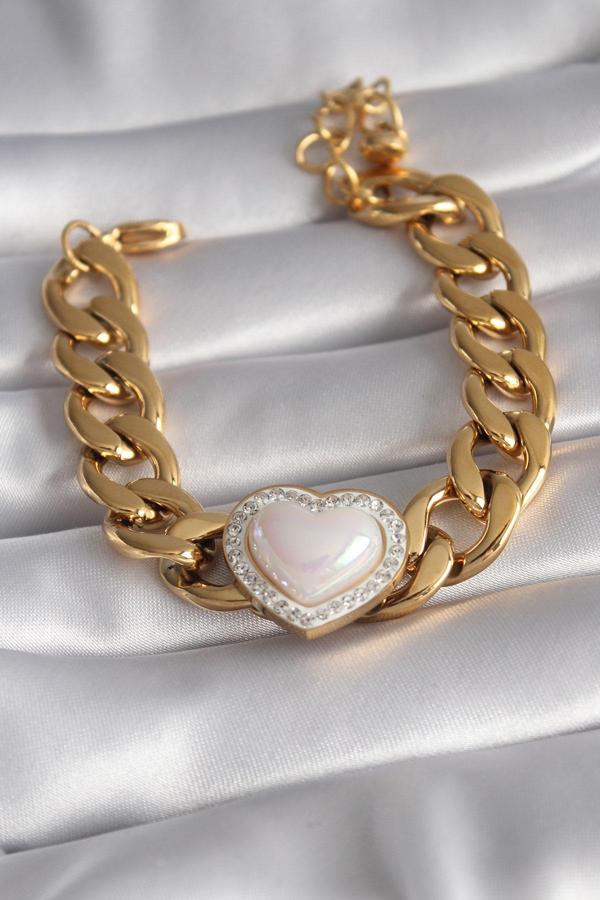 316L Çelik Gold Renk Pembe 3D Kalp Model Zirkon Taşlı Kadın Bileklik - TJ-BB5923 - Image 1