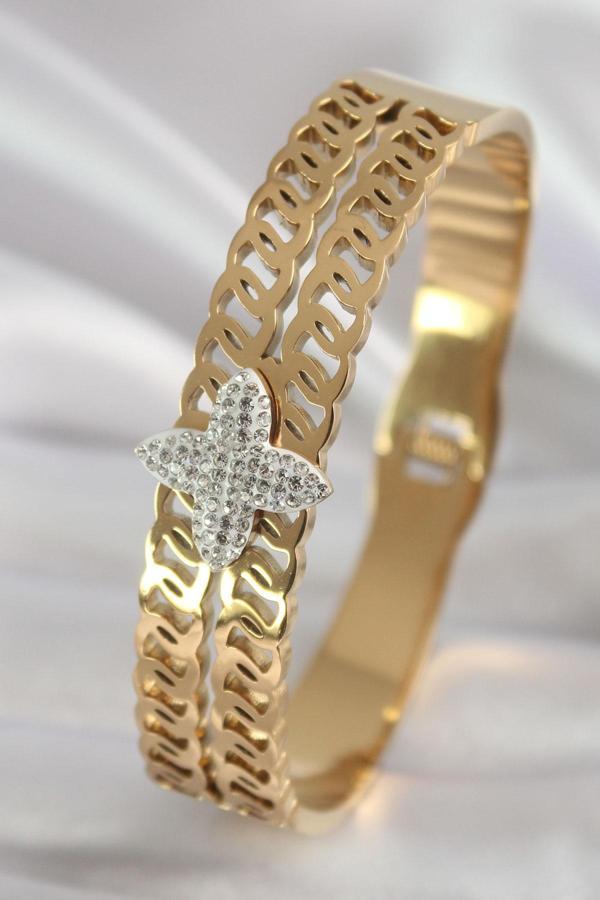 316L Çelik Gold Renk Zirkon Taşlı Çiçek Model Kadın Kelepçe - TJ-BB5902 - Image 1