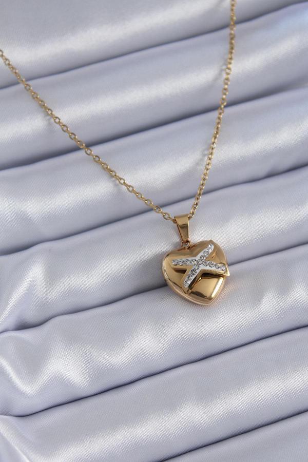 316L Çelik Gold Renk Zirkon Detay Kalp Model Kadın Kolye - TJ-BKO7626 - Image 1