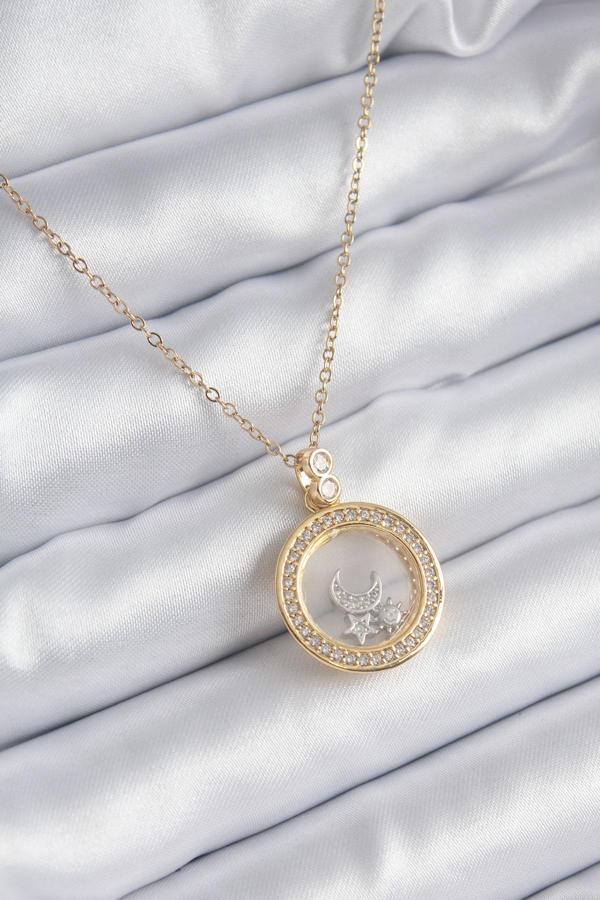 316L Çelik Gold Renk Zirkon Taş Detay Ay Yıldız Fanus Model Kadın Kolye - TJ-BKO8194 - Image 1