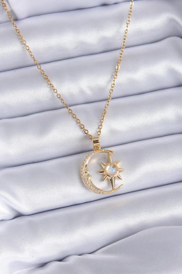 316L Çelik Gold Renk Zirkon Taşlı Ay Yıldız Model Kadın Kolye - TJ-BKO7688 - Image 1
