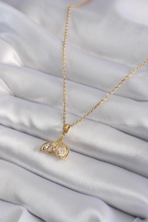316L Çelik Gold Renk Zirkon Taşlı Balık Kuyruğu Model Kadın Kolye - TJ-BKO8348 - Image 1