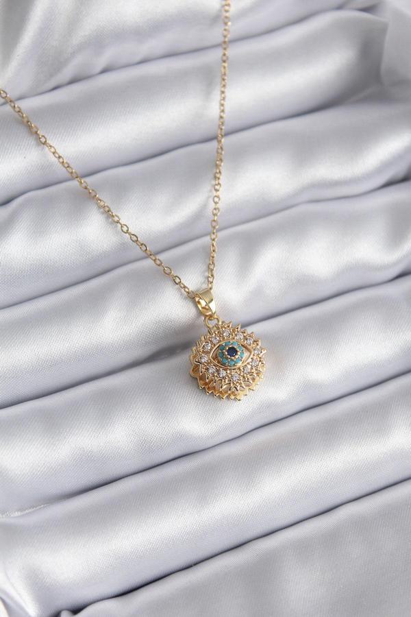 316L Çelik Gold Renk Zirkon Taşlı Göz Model Kadın Kolye - TJ-BKO8170 - Image 1