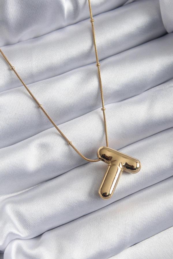 316L Çelik Gold Renk Bubble "T" Harf Model Kadın Kolye - TJ-BKO7955 - Image 1