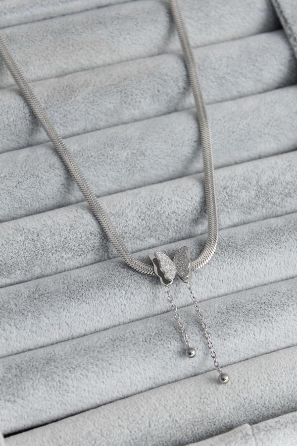 316L Çelik Gümüş Renk İtalyan Zincir Model Simli Kelebek Figür Kadın Kolye - TJ-BKO7676 - Image 1