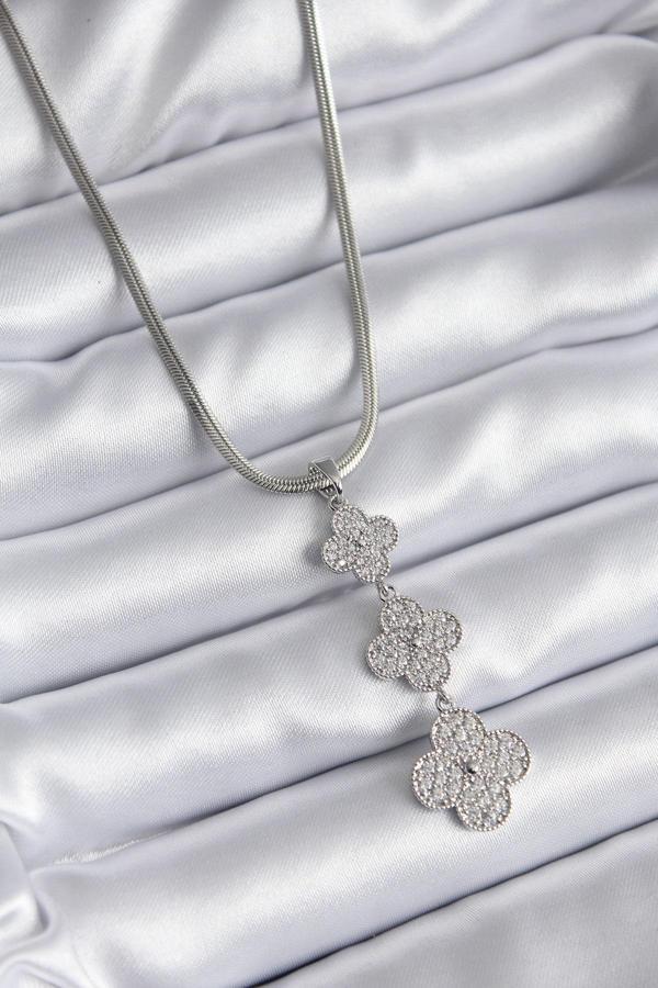 316L Çelik Gümüş Renk İtalyan Zincir Zirkon Taşı Yonca Model Kadın Kolye - TJ-BKO8152 - Image 1