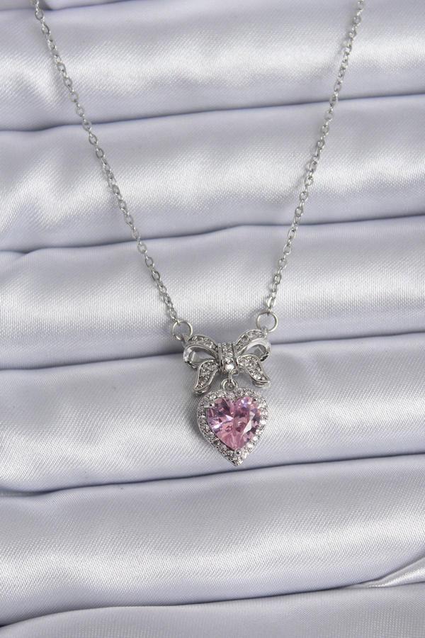 316L Çelik Gümüş Renk Zincir Pembe Kristal Kalp Zirkon Taşlı Kurdele Model Kadın Kolye - TJ-BKO7746 - Image 1