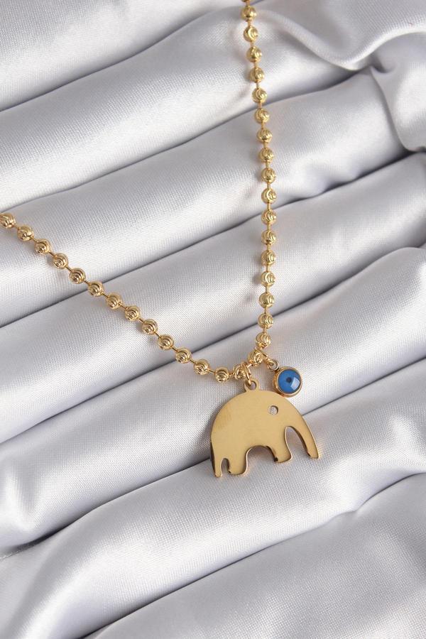 316L Çelik Gold Renk Top Zincir Model Fil Figür Nazar Boncuk Detay Kadın Kolye - TJ-BKO8342 - Image 1