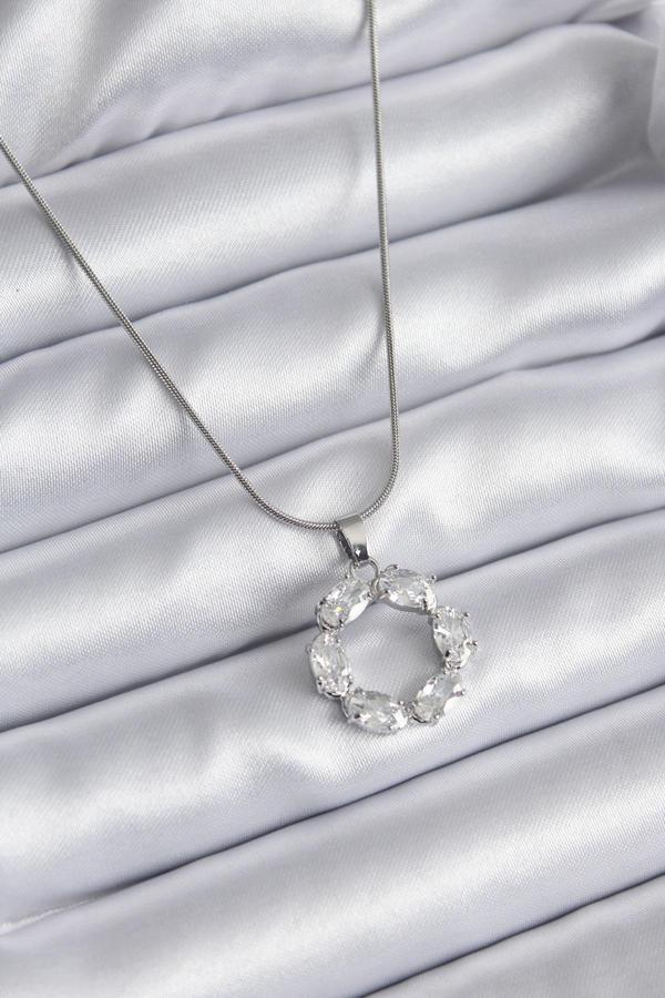 316L Çelik Gümüş Renk Zirkon Taşlı Kadın Kolye - TJ-BKO8137 - Image 1