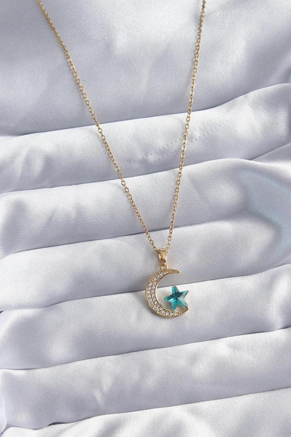 316L Çelik Gold Renk Zincir Zirkon Taş Detay Hilal Yıldızı Figür Kadın Kolye - TJ-BKO8029 - Image 1