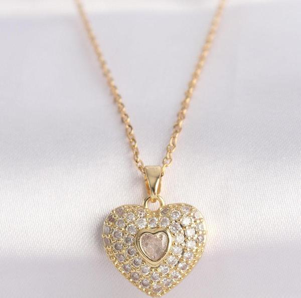 316L Çelik Zincir Altın Renk Zirkon Taşlı Kalp Kolye - TJ-BKO8624 - Image 1