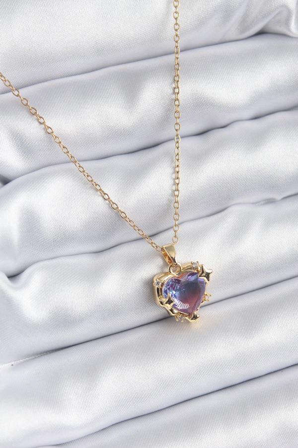 316L Çelik Zincir Gold Renk Mor Renk Zirkon Taşlı Kalp Model Kadın Kolye - TJ-BKO8210 - Image 1