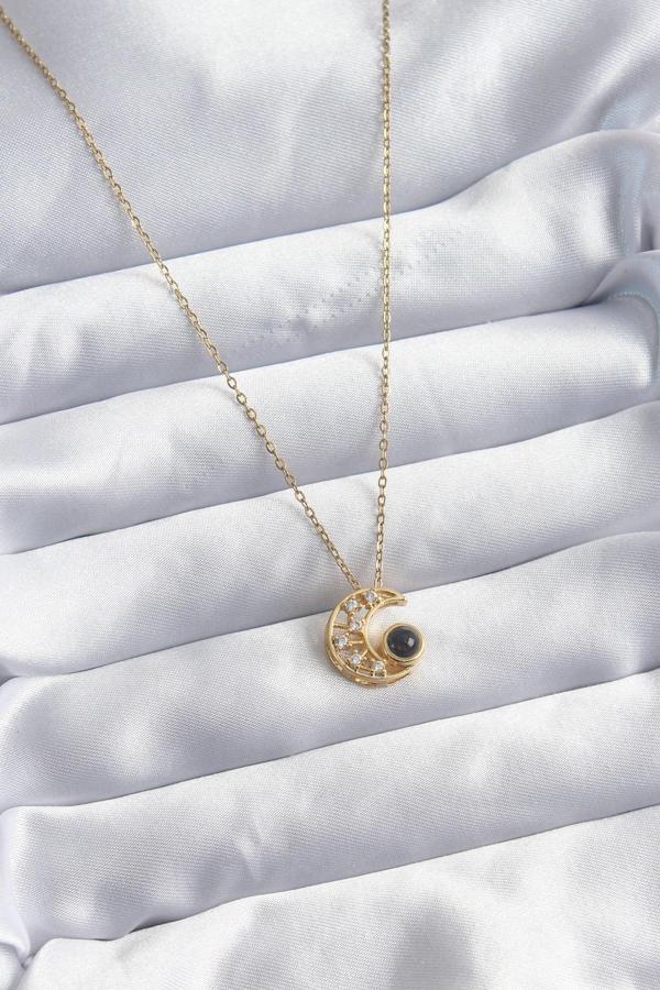316L Çelik Zincir Gold Renk Zirkon Taşlı Hilal Projeksiyon Model Kadın Kolye - TJ-BKO8067 - Image 1