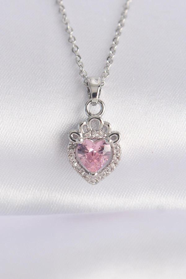 316L Çelik Zincir Gümüş Renk Pembe Zirkon Taşlı Rapunzel Kolye - TJ-BKO8691 - Image 1
