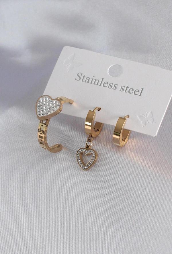 316L Çelik Gold Renk Kalp Model Zirkon Taşlı Kadın Küpe Kombini - TJ-BKP7101 - Image 1