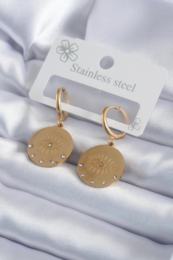 316L Çelik Gold Renk Zirkon Taşlı Göz İşleme Model Kadın Küpe - TJ-BKP7985 - Image 1