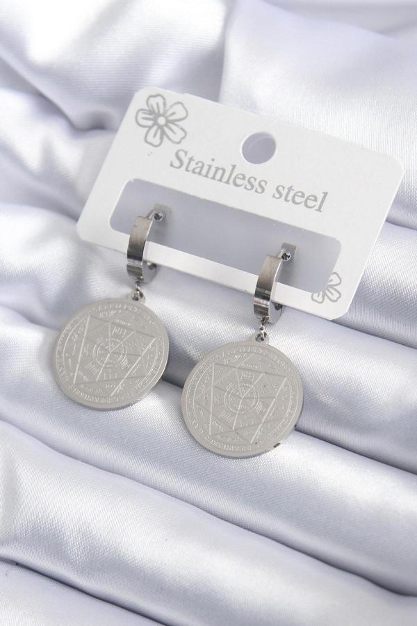 316L Çelik Gümüş Renk Pentagram İşleme Model Kadın Küpe - TJ-BKP7924 - Image 1