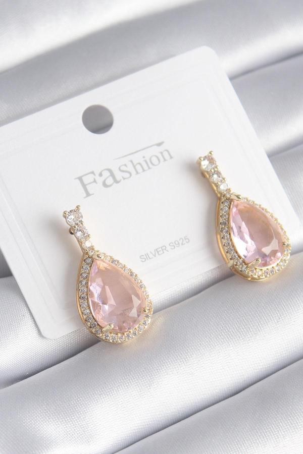 Pirinç Gold Renk Zirkon Taş Detay Damla Pembe Zirkon Taş Model Kadın Küpe - TJ-BKP8440 - Image 1