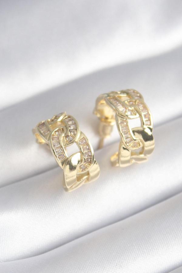 Pirinç Gold Renk Zirkon Taş Detay Zincir Model Kadın Küpe - TJ-BKP8452 - Image 1