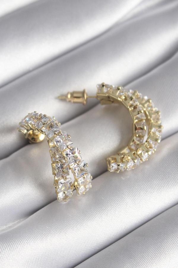 Pirinç Gold Renk Zirkon Taşlı Kadın Küpe - TJ-BKP8625 - Image 1