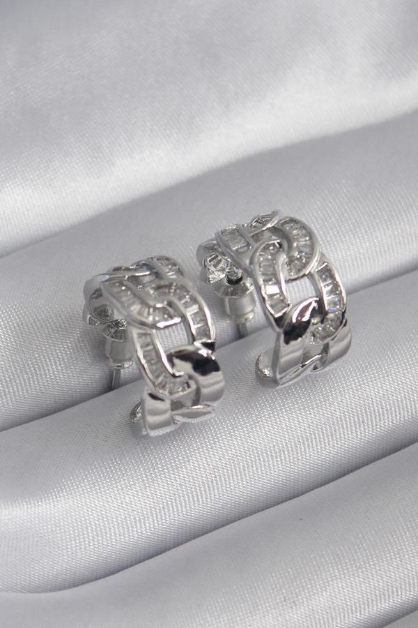 Pirinç Gümüş Renk Zirkon Taşlı Zincir Model Kadın Küpe - TJ-BKP8451 - Image 1