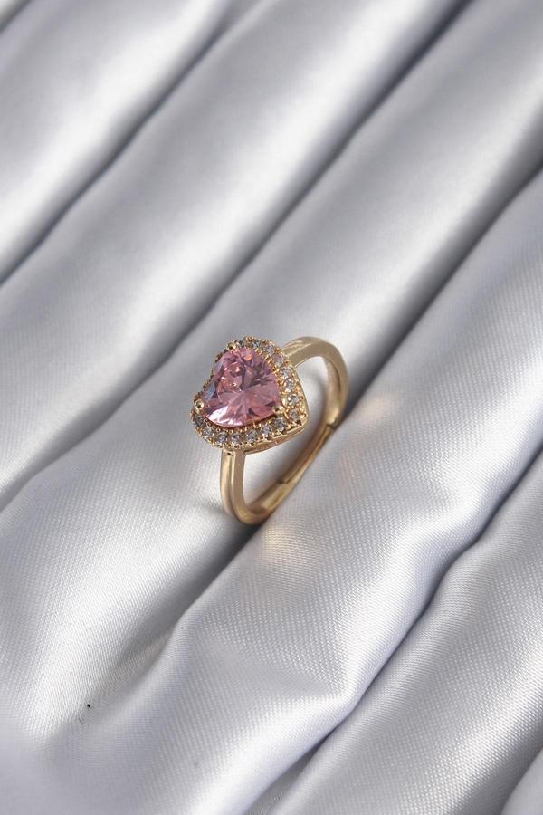 Pirinç Gold Renk Pembe Zirkon Taş Kalp Charm Model Kadın Yüzük - TJ-BYK2955 - Image 1