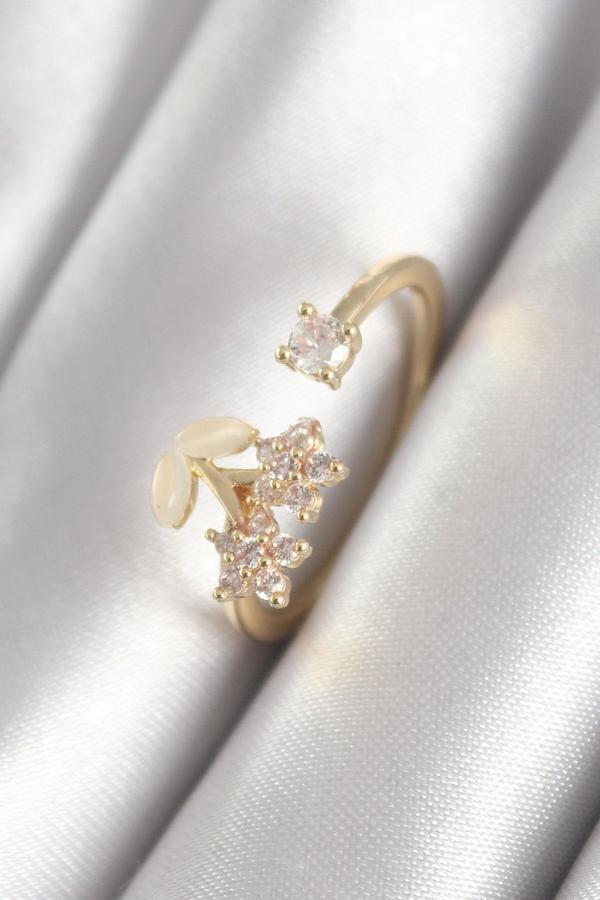 Pirinç Gold Renk Zirkon Taşlı Çiçek Model Kadın Yüzük - TJ-BYK3067 - Image 1