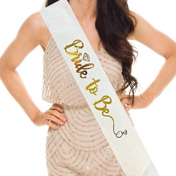 Beyaz Üzeri Altın İtalik Alyanslı Bride To Be Yazılı Simli Işıltılı Kuşak Kemer 10x80 cm - Image 1