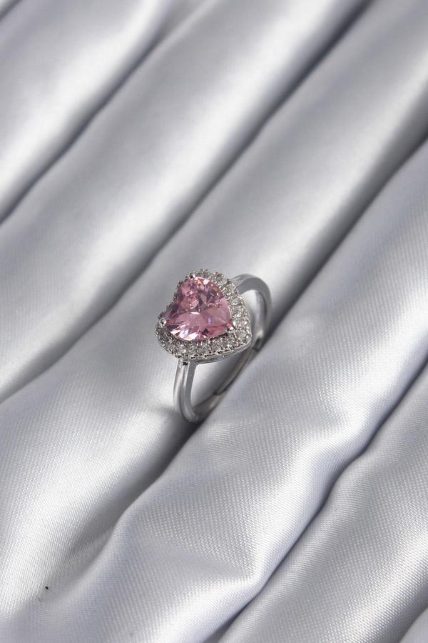 Pirinç Gümüş Renk Pembe Zirkon Taş Kalp Charm Model Kadın Yüzük - TJ-BYK2954 - Image 1