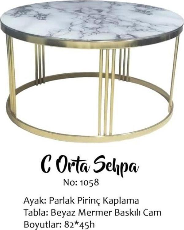 Brc 14057 Sehpa C Model BEYAZ MERMER TEMPER Cam Metal GOLD renk Ayak El Yapım  - Image 1