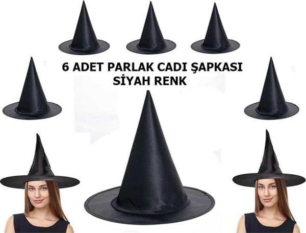 Halloween Siyah Renk Parlak Dralon Cadı Şapkası Yetişkin ve Çocuk Uyumlu 6 Adet - Image 1