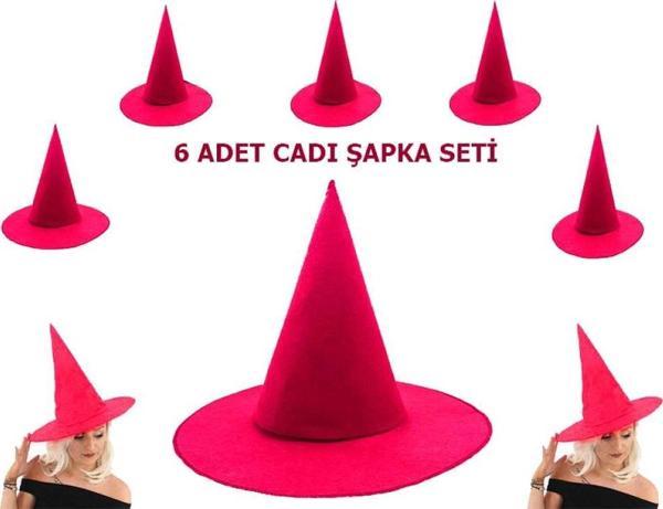Pembe Fuşya Renk Keçe Cadı Şapkası Yetişkin Çocuk Uyumlu 6 Adet - Image 1