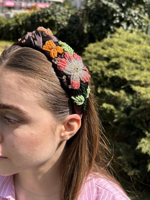 BYM037 Tasarım El İşi Kadın Taç Çiçek İşlemeli Saç Aksesuarı Kına Düğün Nişan Kahverengi Saç Tacı - Image 1