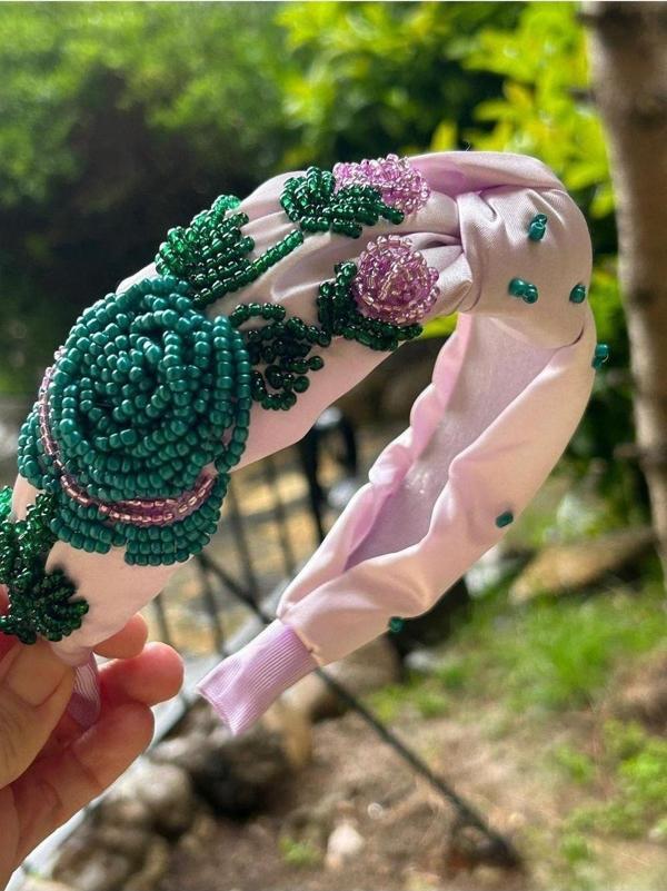 BYM058 El İşleme Lila Kadın Taç  Zarif ve Rahat Saç Aksesuarı Çiçek Desenli Düğümlü Saç Tacı - Image 1