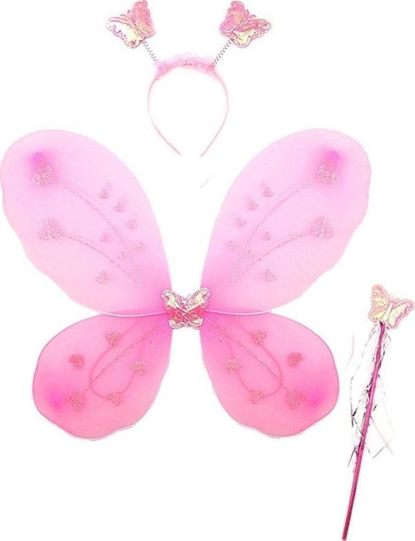 Toz Pembe Renk Kelebek Kanadı Tacı ve Sopası 50x37 cm - Image 1