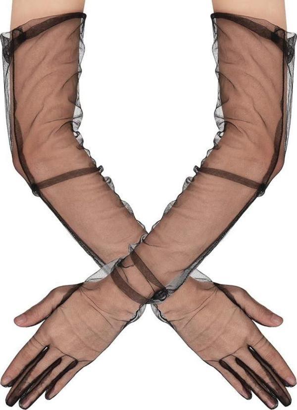 Uzun Boy Likralı Siyah Renk Yetişkin Mega Tül Eldiven 53 cm - Image 1