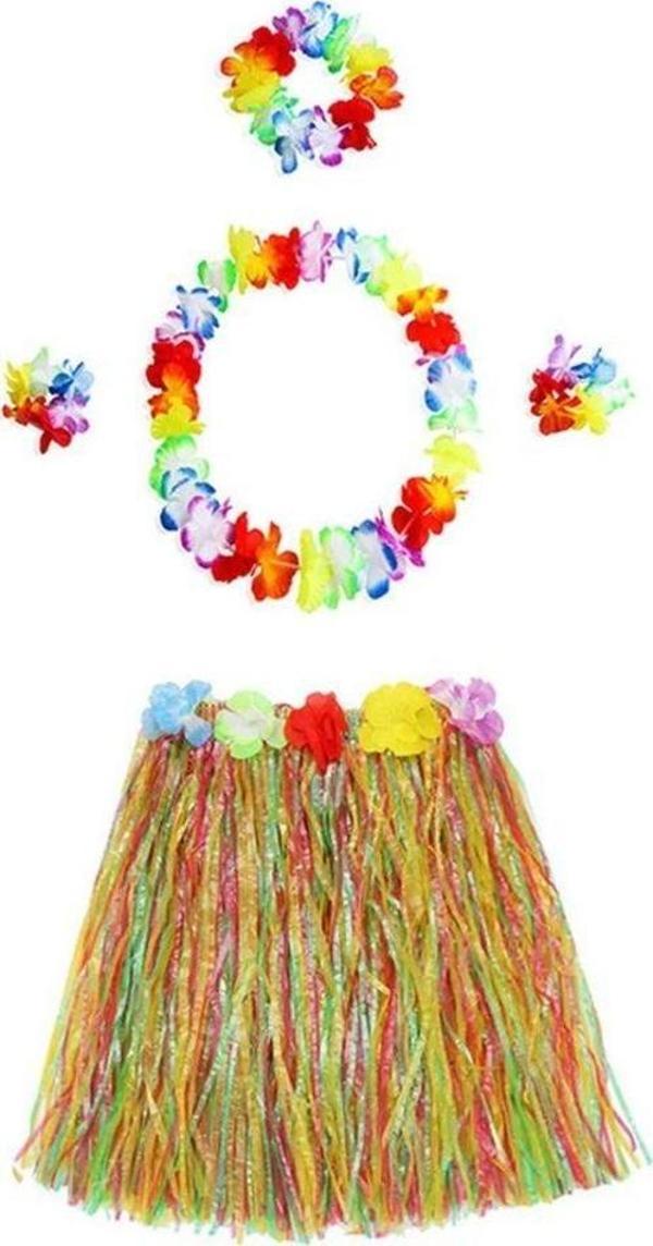 Yetişkin ve Çocuk Uyumlu Luau Aloha Hawaii  Kolye Renkli Etek Taç ve Bileklik Seti - Image 1