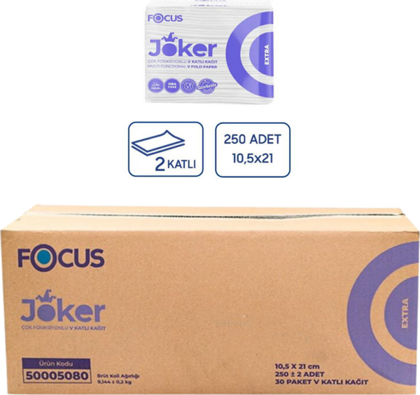 Focus Extra Joker V Katlı Kağıt Peçete 30 Paket x  250 Yaprak  21 cm. x 10,5 cm. (50005080) - Image 1