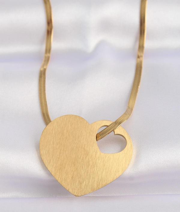 316L Çelik İtalyan Zincir Altın Renk Düz Plaka Kalp Kolye - EBJ240601W24613 - Image 1