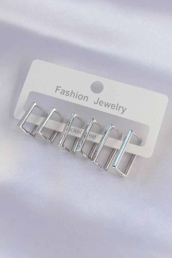 Pirinç Gümüş Renk Dikdörtgen Model Küpe Seti - EBJ240601W24770 - Image 1