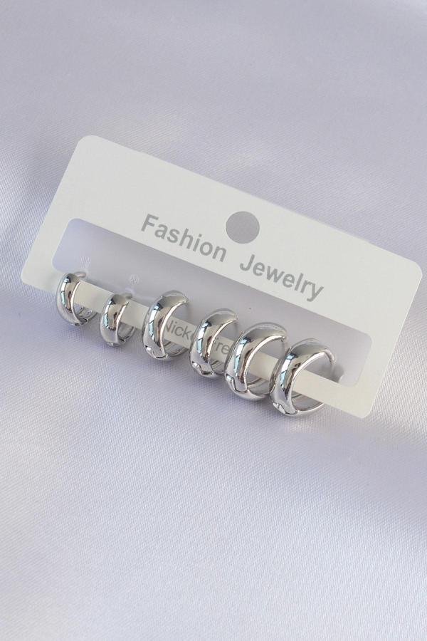 Pirinç Gümüş Renk Oval Bombeli Küpe Seti - EBJ240601W24776 - Image 1