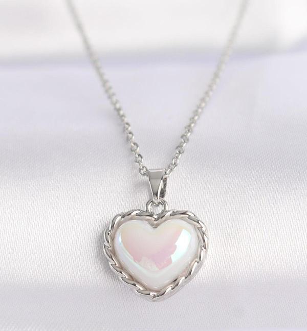 316L Çelik Zincir Gümüş Renk Beyaz Taşlı Bombeli Kalp Kolye - EBJ240601W24607 - Image 1